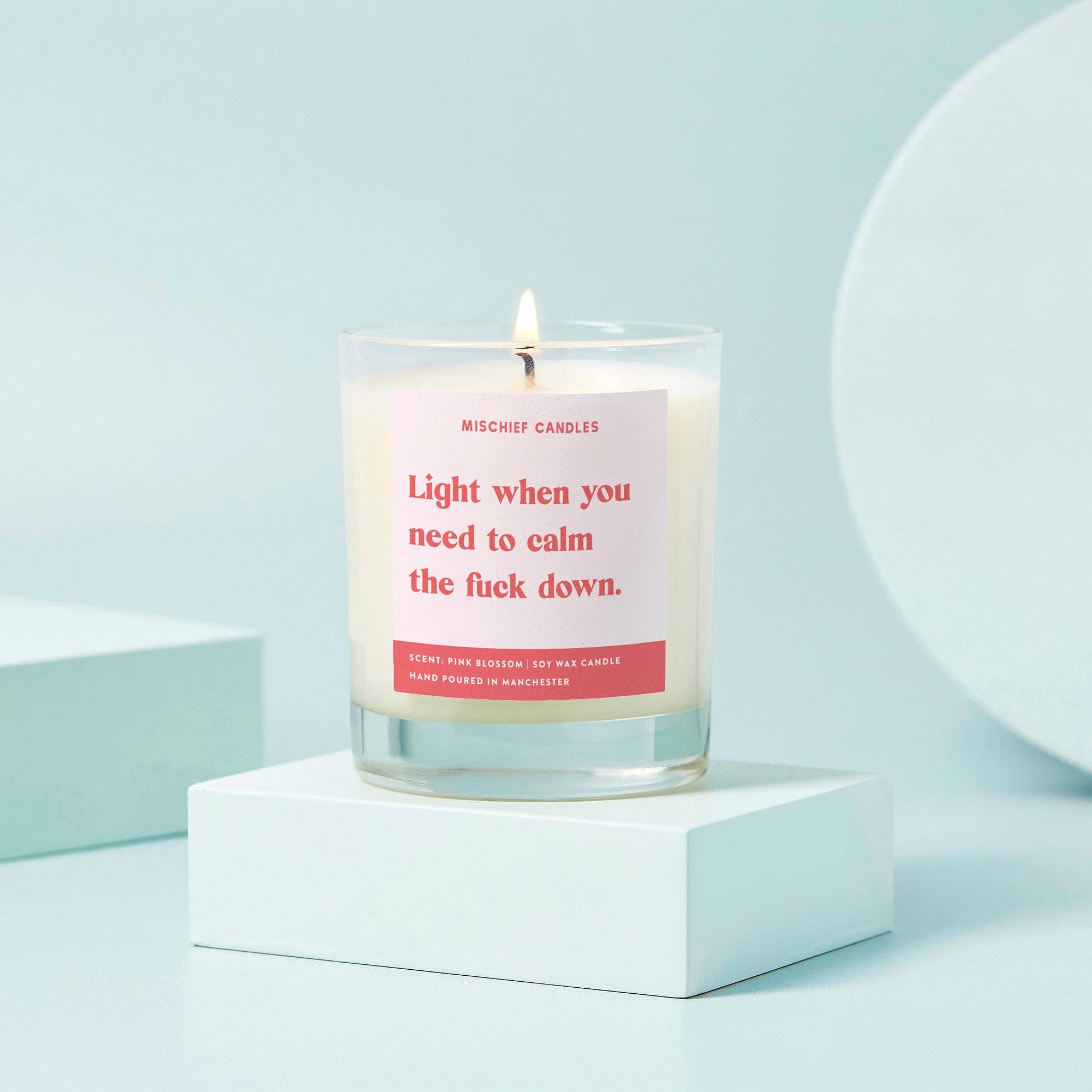 Funny Calm the Fuck Down Friendship Gift Funny Candle: 20cl Clear - 25hr Burn Time / Pink Blossom